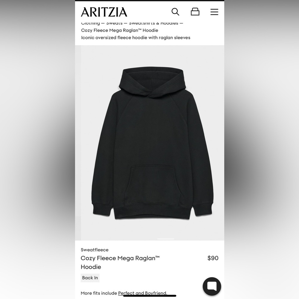 Aritzia cozy fleece mega raglan hoodie in black / size 1
